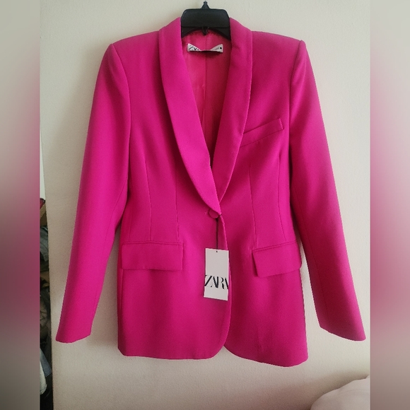 Zara Co-ord Set tuxedo collar blazer + Pants Zw Collection neon fuschia sz M NWT - Picture 4 of 16